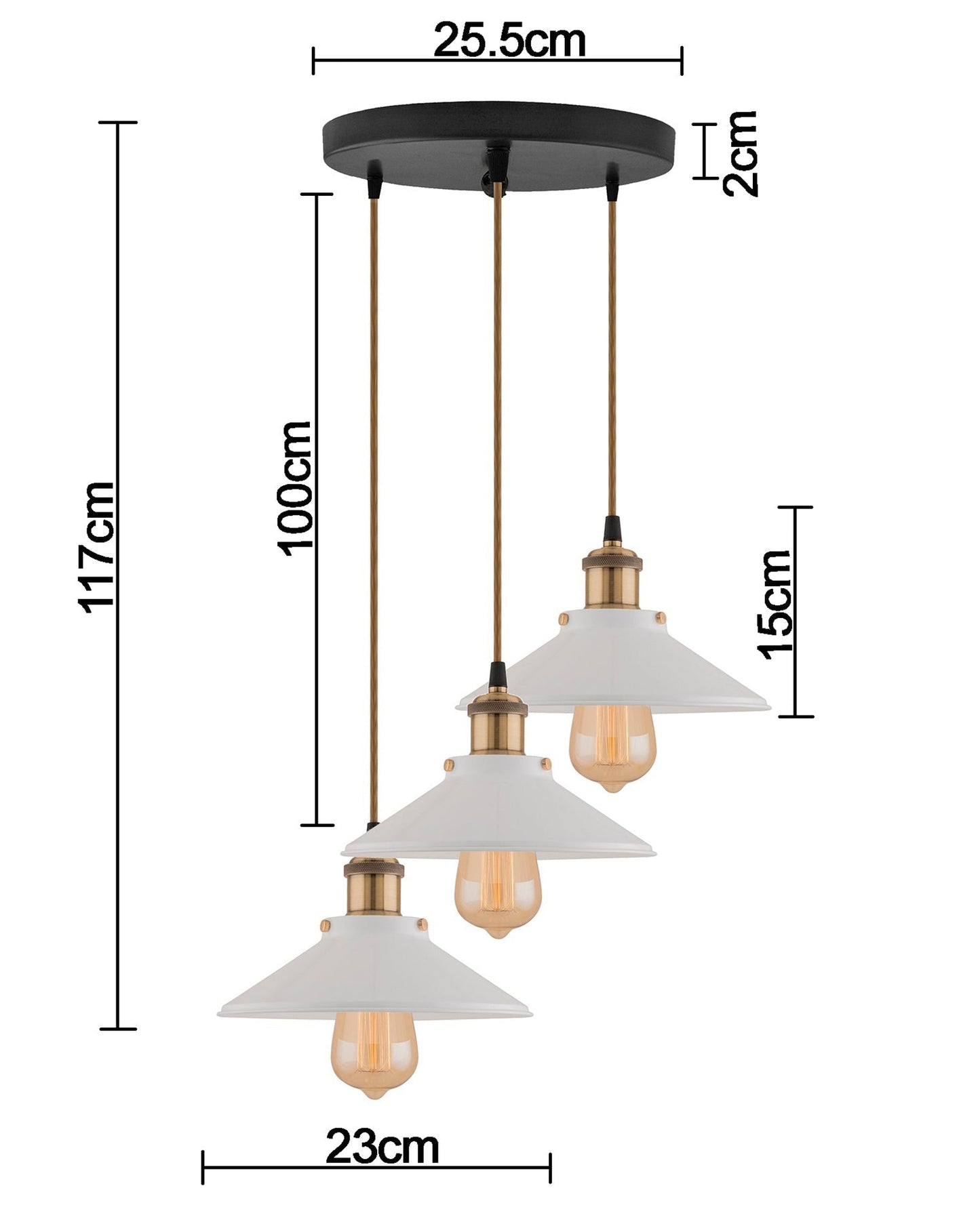 3-Lights Linear White Cone Shade Cluster Chandelier Hanging Light, Decorative, Black, Kitchen Area and Dining Room Light, LED/Filament Light
