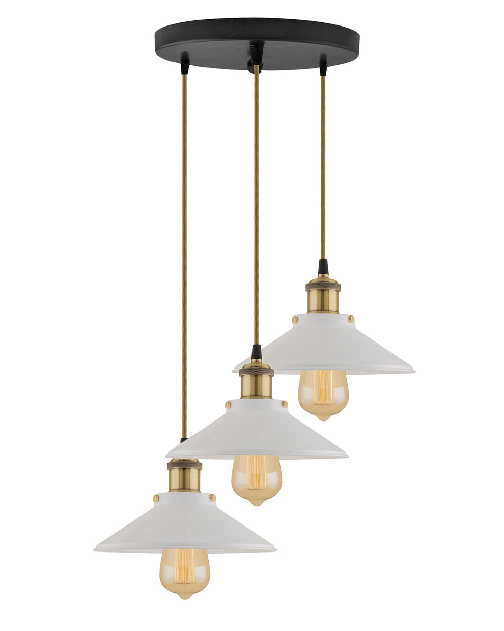 3-Lights Linear White Cone Shade Cluster Chandelier Hanging Light, Decorative, Black, Kitchen Area and Dining Room Light, LED/Filament Light