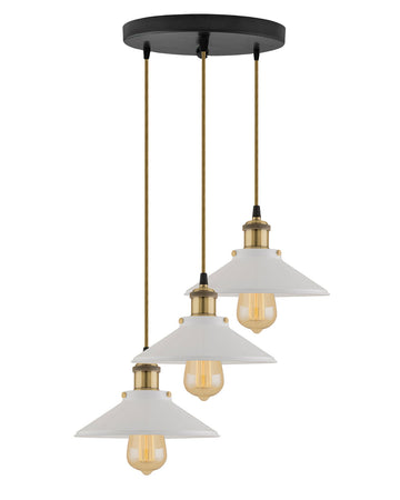 3-Lights Linear White Cone Shade Cluster Chandelier Hanging Light, Decorative, Black, Kitchen Area and Dining Room Light, LED/Filament Light