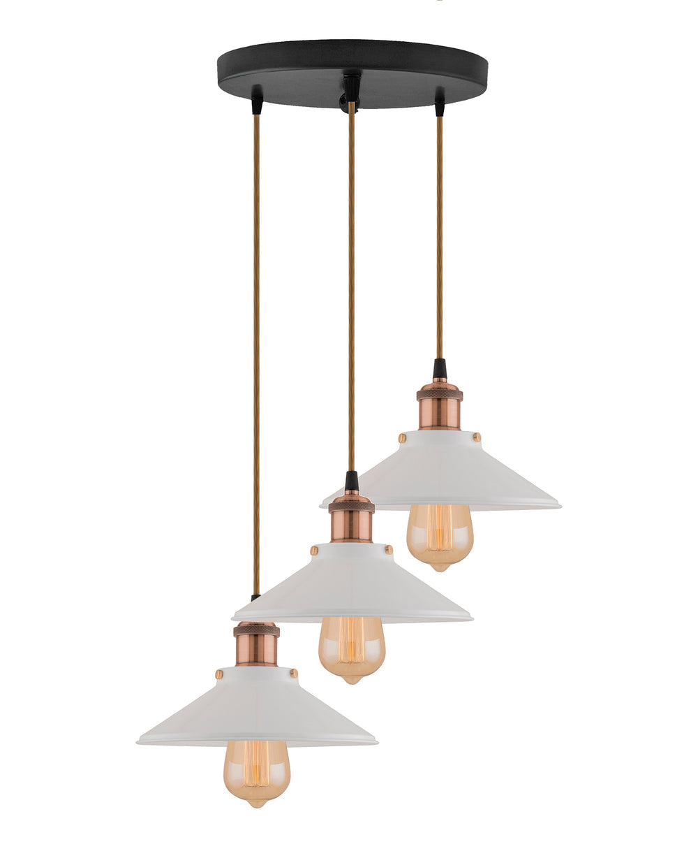 3-Lights Linear White Cone Shade Cluster Chandelier Hanging Light, Decorative, Black, Kitchen Area and Dining Room Light, LED/Filament Light