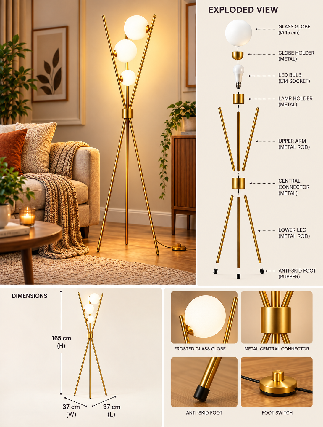 Gold Moon Tripod Floor Lamp With 3 Lights