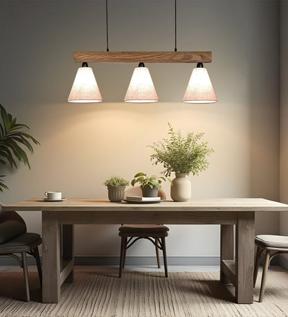 Terzo Beige & Brown Jute Shade with Solid Wood Linear Chandelier Cluster Hanging Light