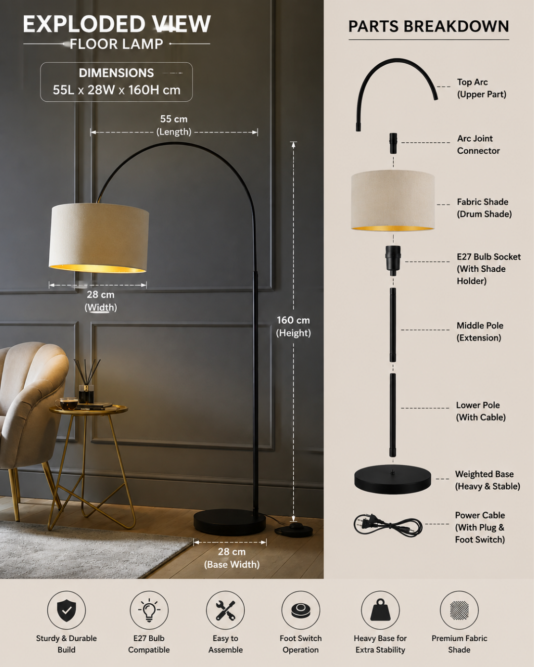 Louis Arch Black Floor Lamp with Beige and Gold Shade