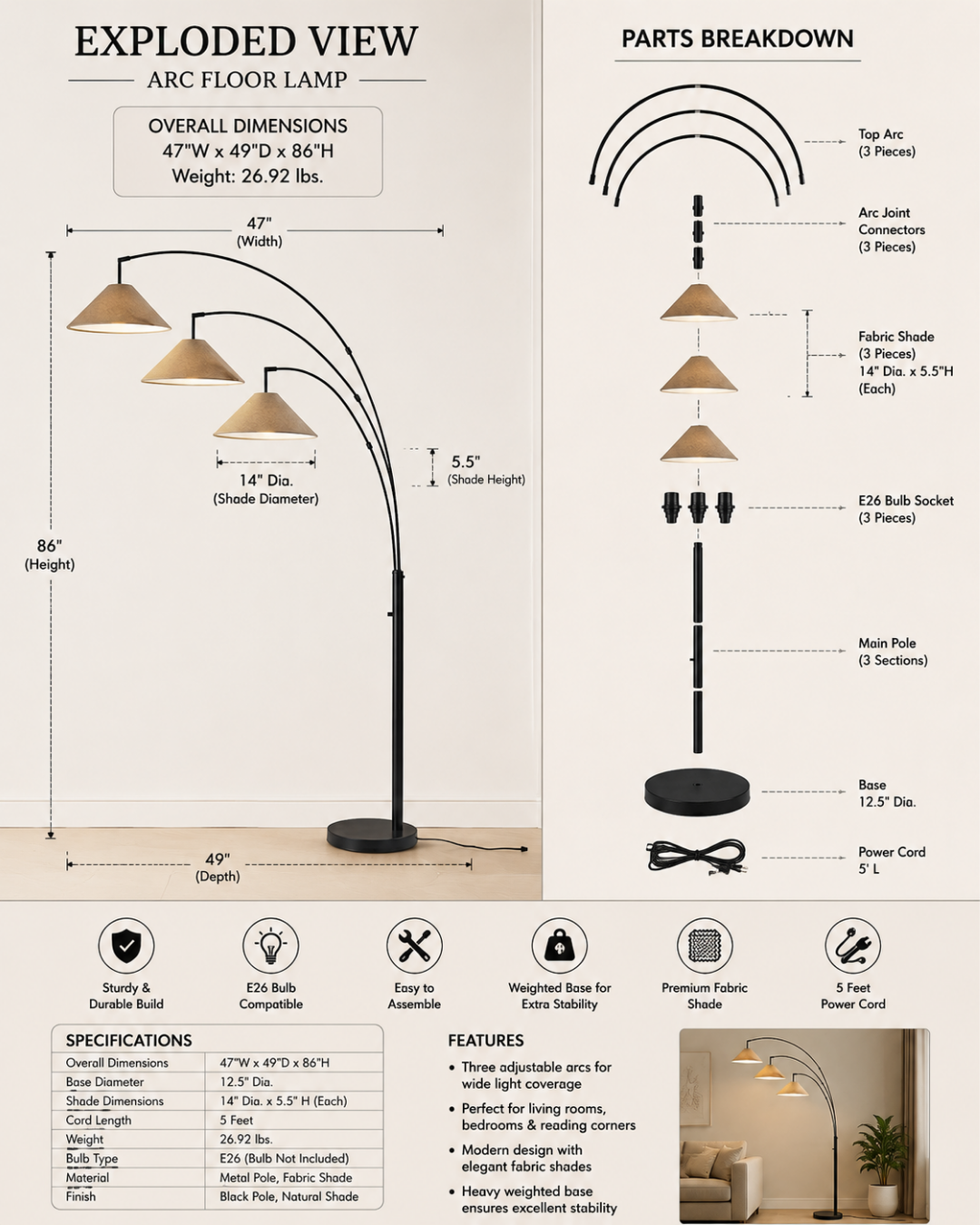 Metal 3 Light Cone Shade Adjustable Arc Floor Lamp