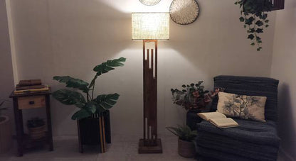 Victoria Wooden Floor Lamp with Brown Base and Jute Fabric Lampshade