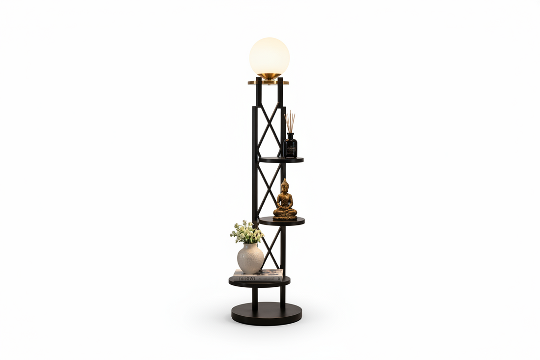 AuraShelf Vertex Floor Lamp with Built-In Display Shelf for Living Room & Bedroom