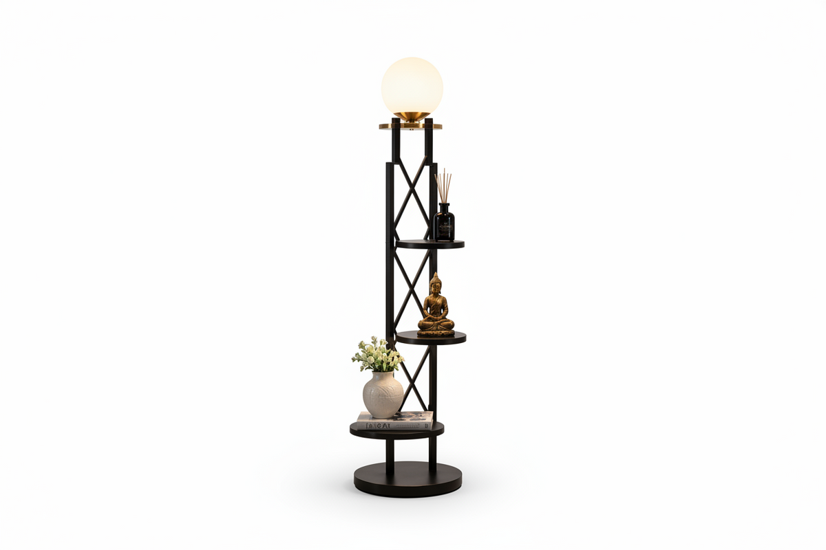 AuraShelf Vertex Floor Lamp with Built-In Display Shelf for Living Room & Bedroom
