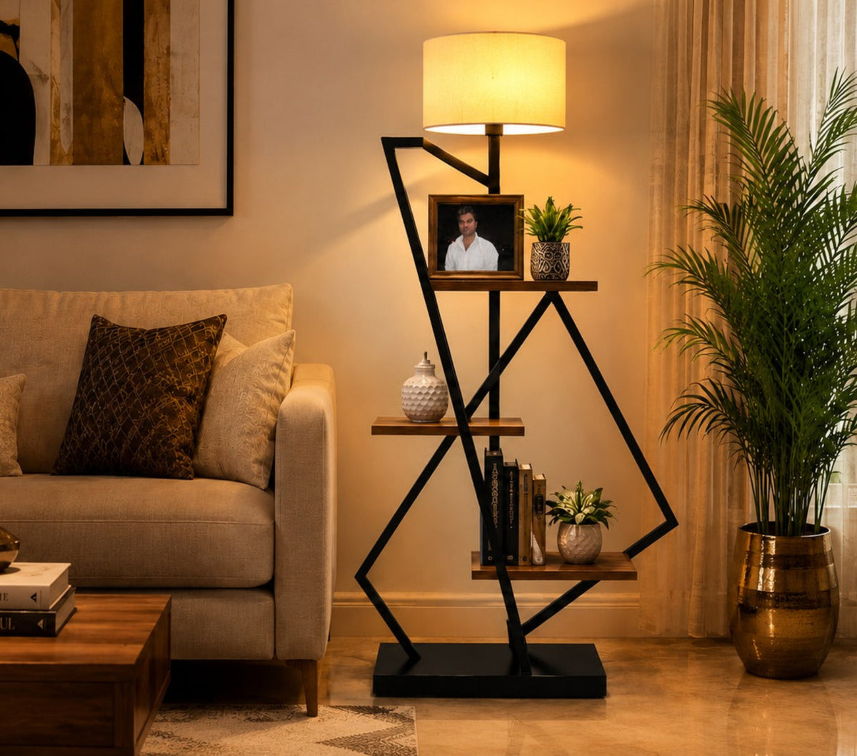 Crosscut Metal Floor Lamp with 3 Shelves | Modern Wood & Metal Standing Lamp
