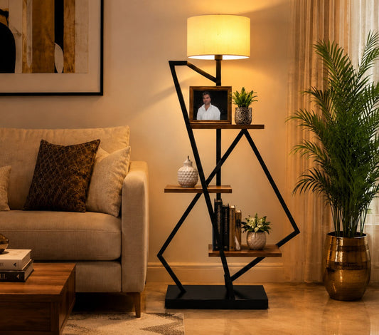 Crosscut Metal Floor Lamp with 3 Shelves | Modern Wood & Metal Standing Lamp