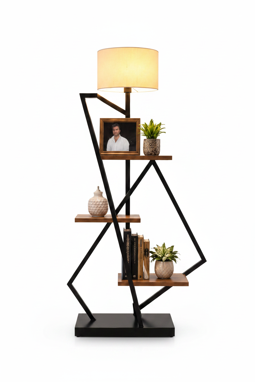 Crosscut Metal Floor Lamp with 3 Shelves | Modern Wood & Metal Standing Lamp