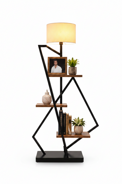 Crosscut Metal Floor Lamp with 3 Shelves | Modern Wood & Metal Standing Lamp