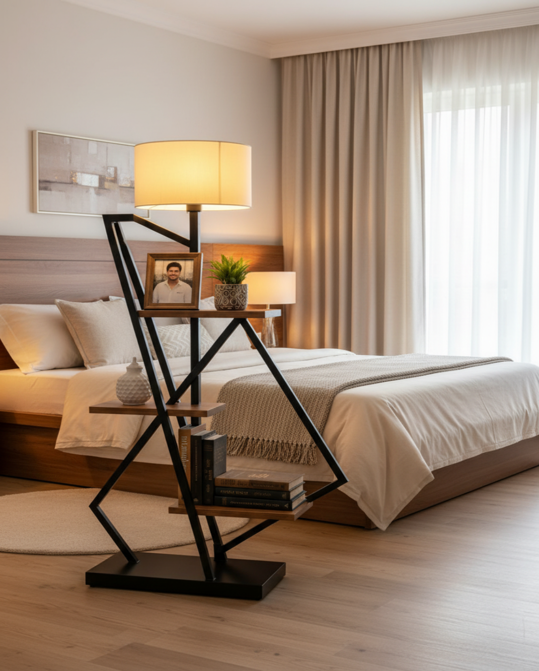 Crosscut Metal Floor Lamp with 3 Shelves | Modern Wood & Metal Standing Lamp