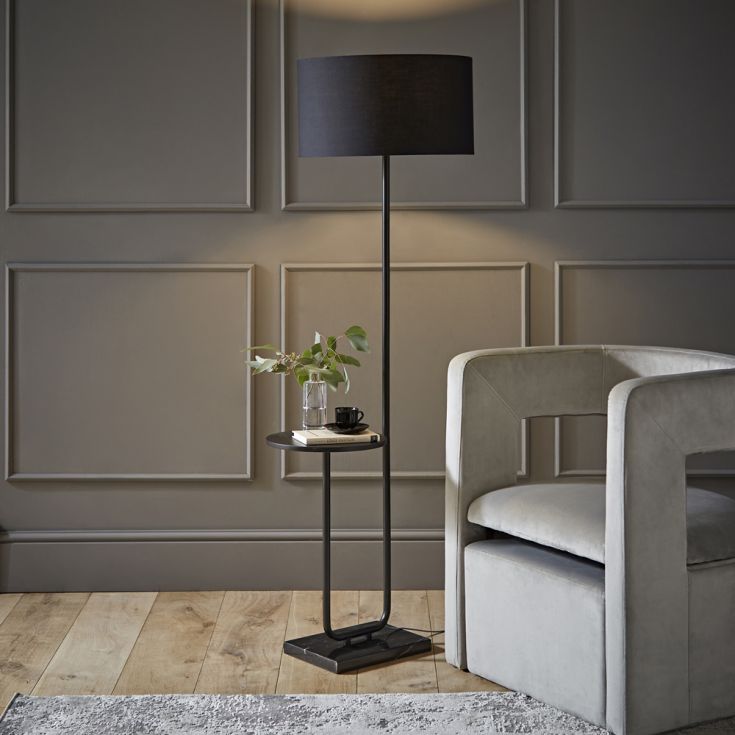 Tavel Matte Black Floor Lamp with Table with Large Reni Shade in Black