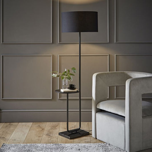 Tavel Matte Black Floor Lamp with Table with Large Reni Shade in Black
