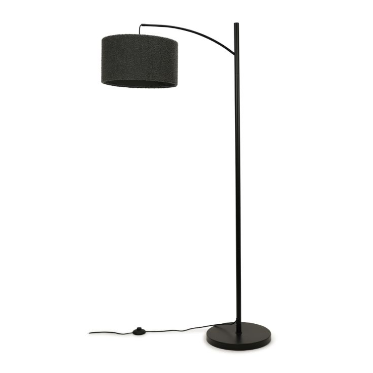 Black Metal Curve Stem Floor Lamp with a Charcoal Grey Boucle Shade
