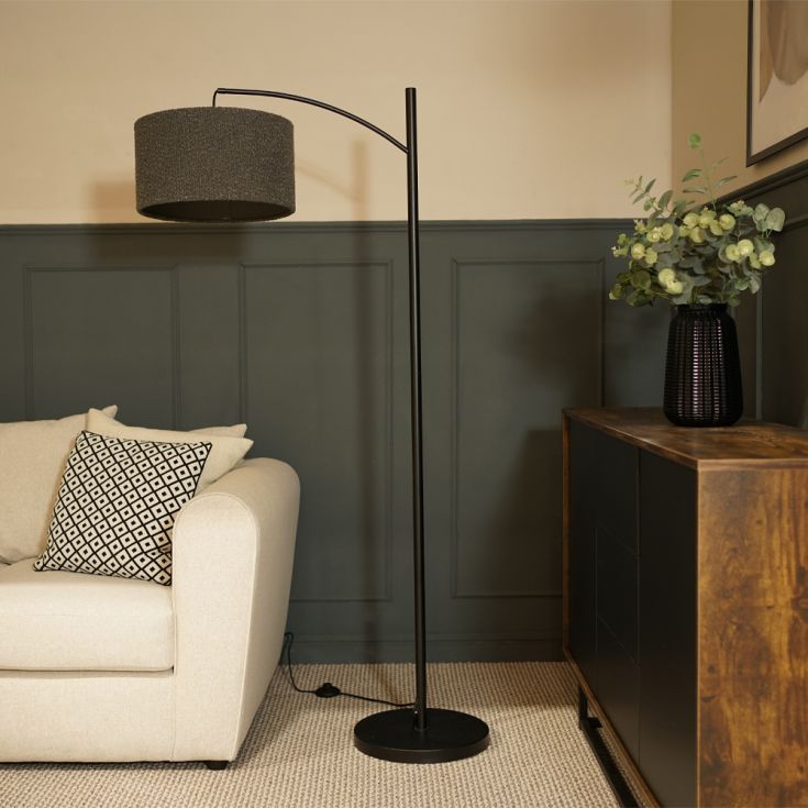 Black Metal Curve Stem Floor Lamp with a Charcoal Grey Boucle Shade