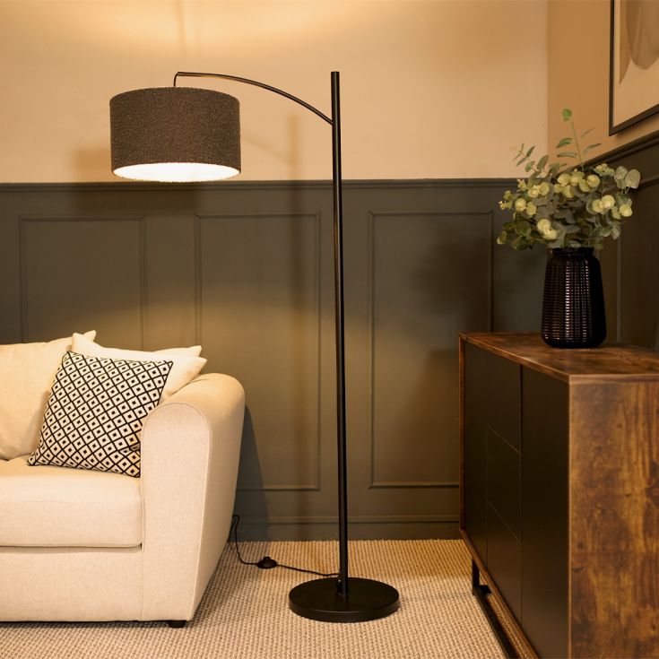 Black Metal Curve Stem Floor Lamp with a Charcoal Grey Boucle Shade