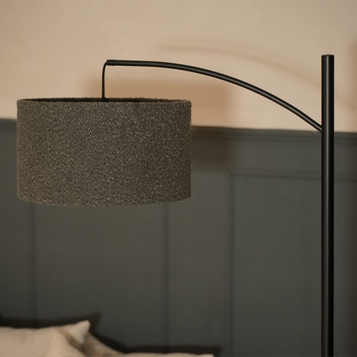 Black Metal Curve Stem Floor Lamp with a Charcoal Grey Boucle Shade