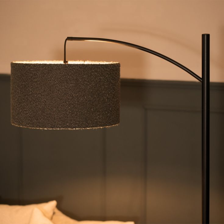 Black Metal Curve Stem Floor Lamp with a Charcoal Grey Boucle Shade