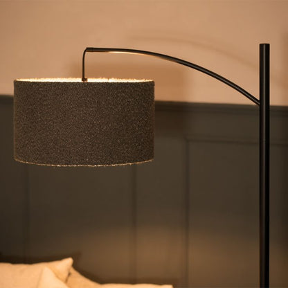 Black Metal Curve Stem Floor Lamp with a Charcoal Grey Boucle Shade