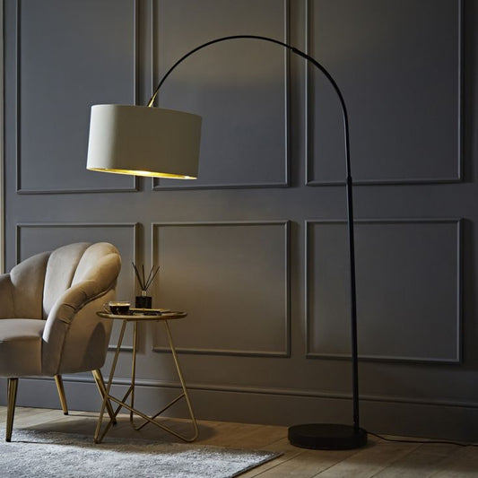 Louis Arch Black Floor Lamp with Beige and Gold Shade