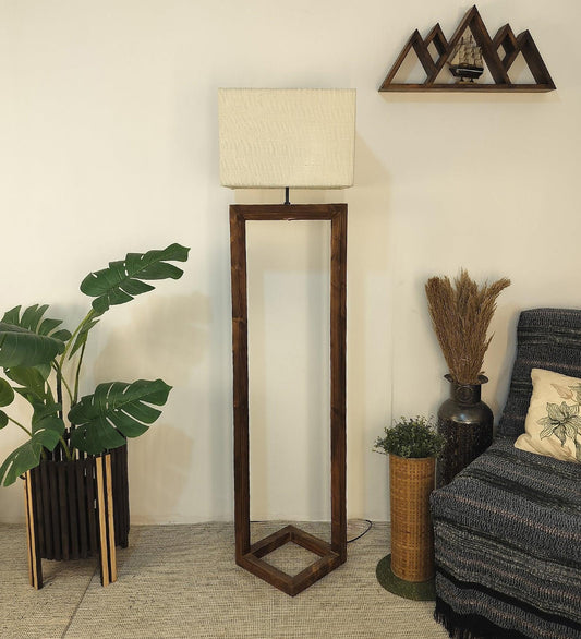 Tesseract Wooden Floor Lamp with Beige Fabric Lampshade