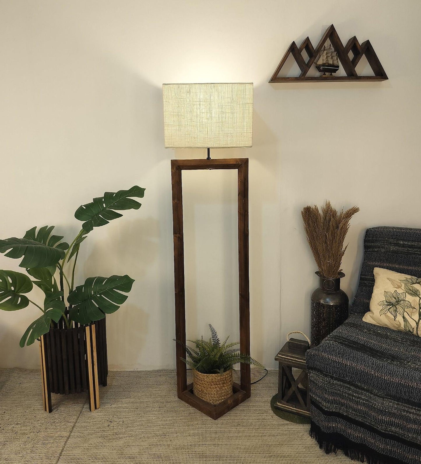 Tesseract Wooden Floor Lamp with Beige Fabric Lampshade