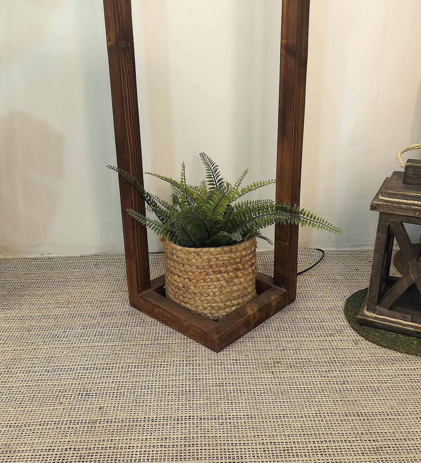 Tesseract Wooden Floor Lamp with Beige Fabric Lampshade