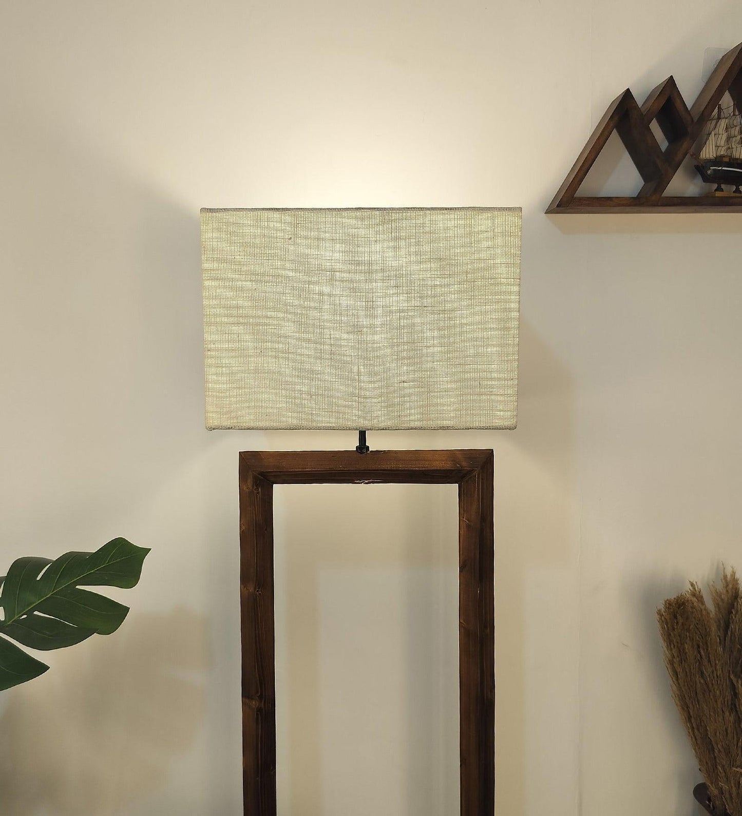 Tesseract Wooden Floor Lamp with Beige Fabric Lampshade