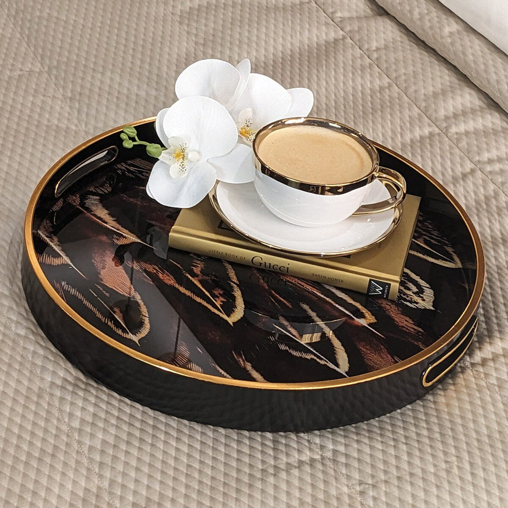 Dim & Dense Premium Matte Wooden Decorative Tray | 12.5 Inch Round | Enamel Finish with Walnut Texture