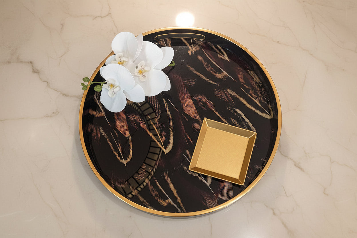 Dim & Dense Premium Matte Wooden Decorative Tray | 12.5 Inch Round | Enamel Finish with Walnut Texture