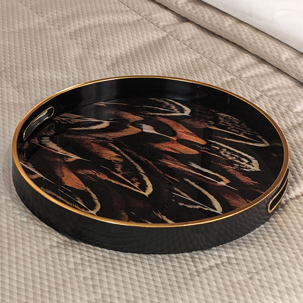 Dim & Dense Premium Matte Wooden Decorative Tray | 12.5 Inch Round | Enamel Finish with Walnut Texture