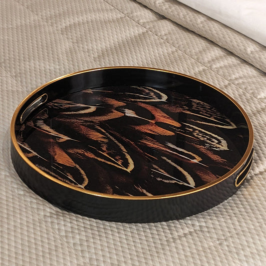 Dim & Dense Premium Matte Wooden Decorative Tray | 12.5 Inch Round | Enamel Finish with Walnut Texture