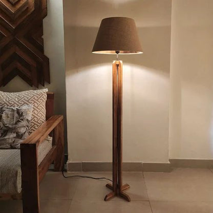 Solid Wood Inca White Fabric Lampshade Floor Lamp With Brown Base