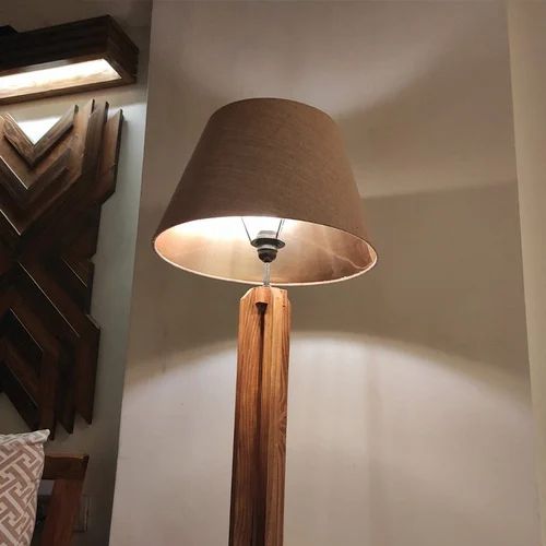 Solid Wood Inca White Fabric Lampshade Floor Lamp With Brown Base