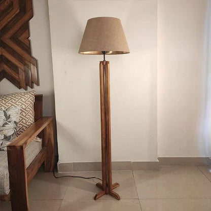 Solid Wood Inca White Fabric Lampshade Floor Lamp With Brown Base