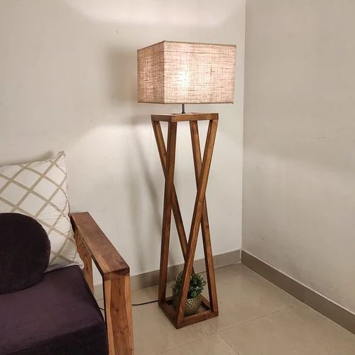 Remy Wooden Floor Lamp with Brown Base and Beige Fabric Lampshade