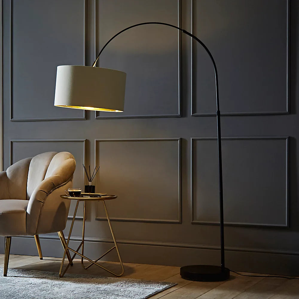 Louis Arch Black Floor Lamp with Beige and Gold Shade