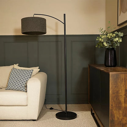 Black Metal Curve Stem Floor Lamp with a Charcoal Grey Boucle Shade